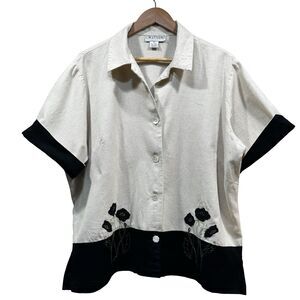 C.W. Studio Womens Size 1X Linen Blend Collared Button Front Embroidered Top